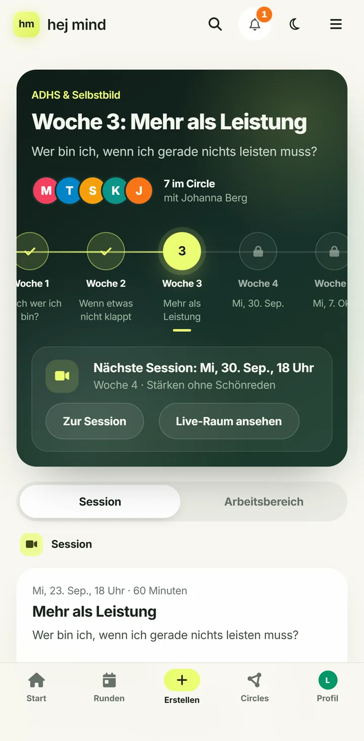 Ein Circle in der App: das Thema der Woche, die Gruppe und der Weg durch die Wochen